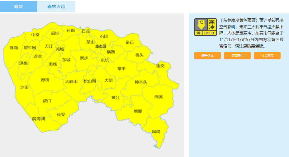 Yellow cold alert issued in Dongguan with lows of 11-12°C